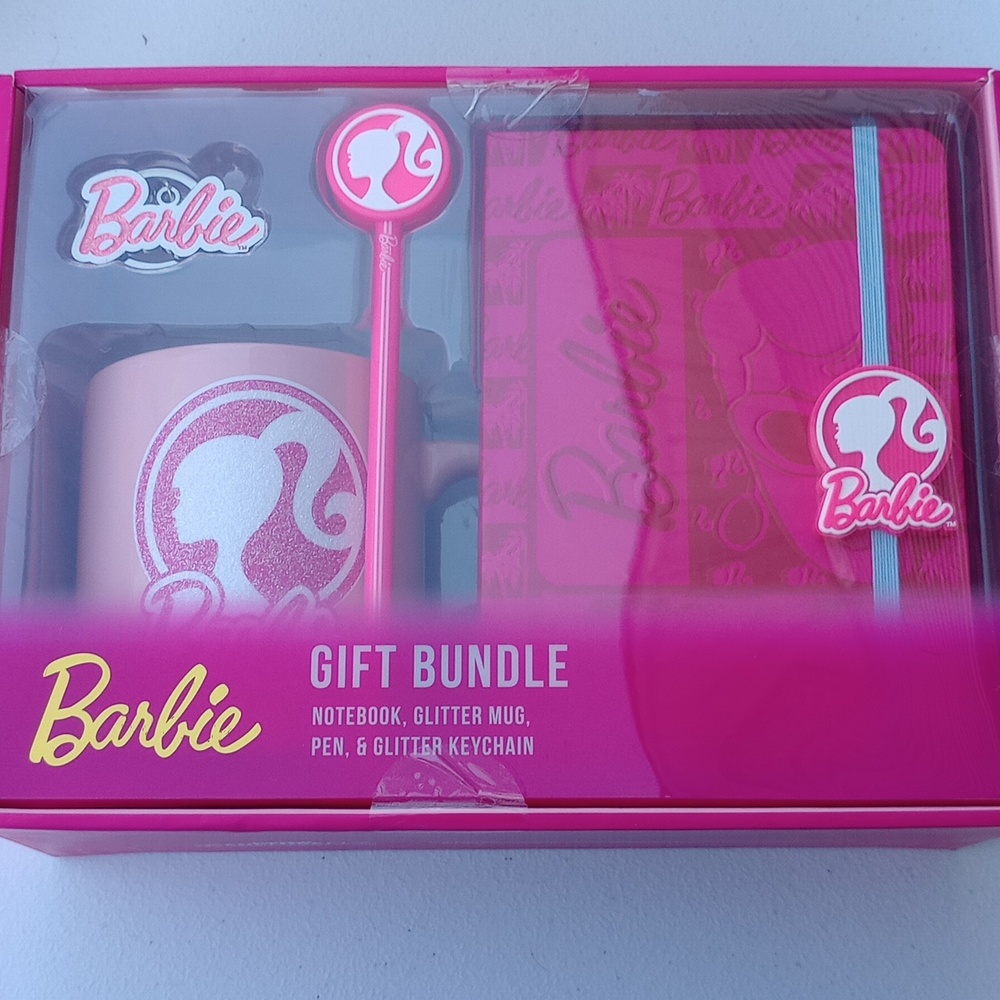 Barbie Gift Bundle Pen, Glitter Keychain, Ceramic Glitter Mug And Notebook NIB